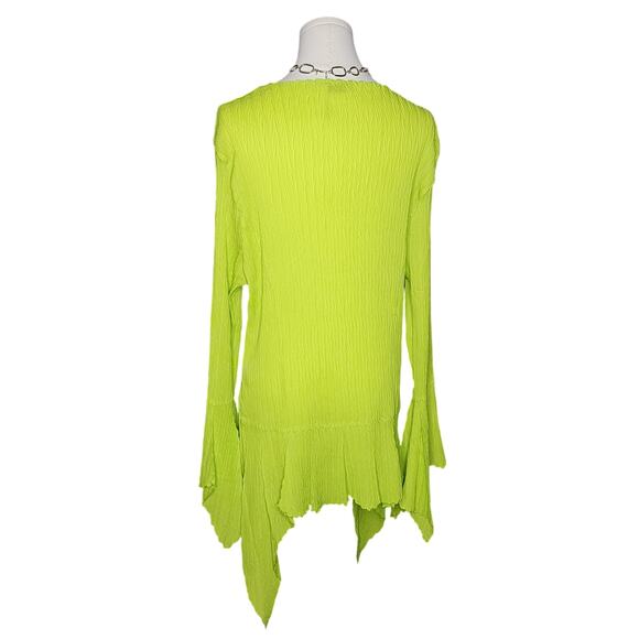 Vtg 90s Y2k Dress U Asymmetric Bright Neon Green Crinkly Bell Sleeve Long Top XL - Picture 3 of 8